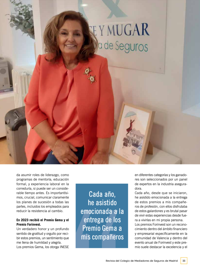 Entrevista a Aña Muñoz, socia de correduría Ponce y Mugar, en la revista de junio de Mediadores de Seguros Madrid.